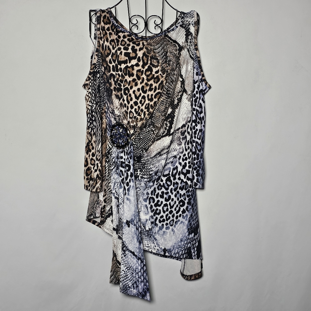 Leopard Print Asymmetrical Cold Shoulder Top Size Large
